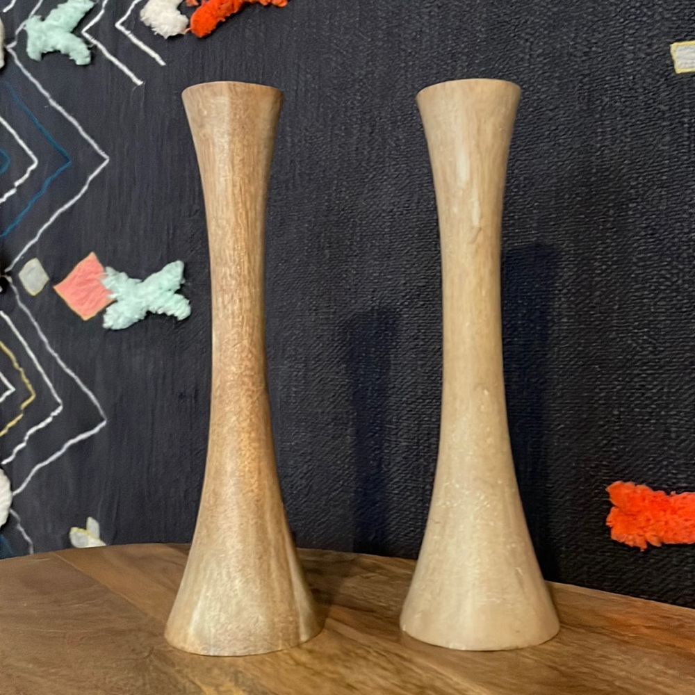 World Market NWT  Pair of 10" Flared White Wash Wood Taper Candle Holder